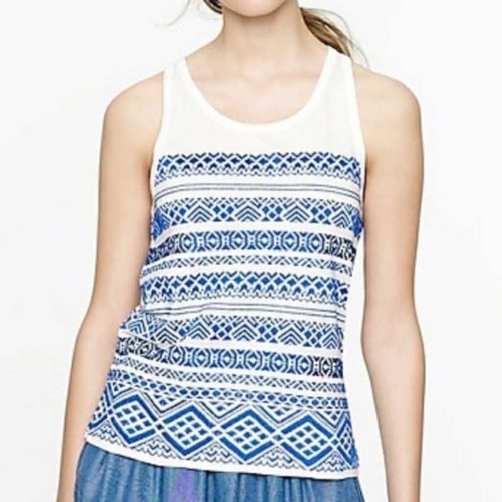 J Crew Blue & White Embroidered Tank (Small)